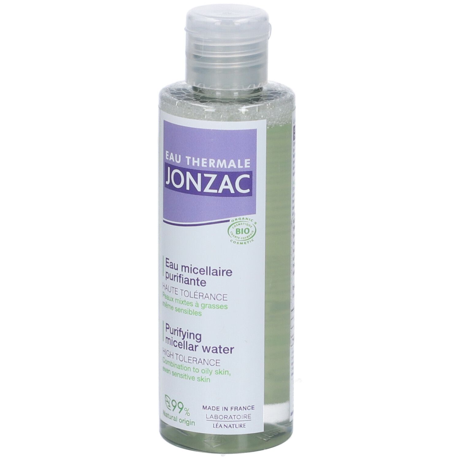 Flacone trasparente con tappo bianco. Etichetta: JONZAC, Eau micellaire purifiante, 99% natural origin.