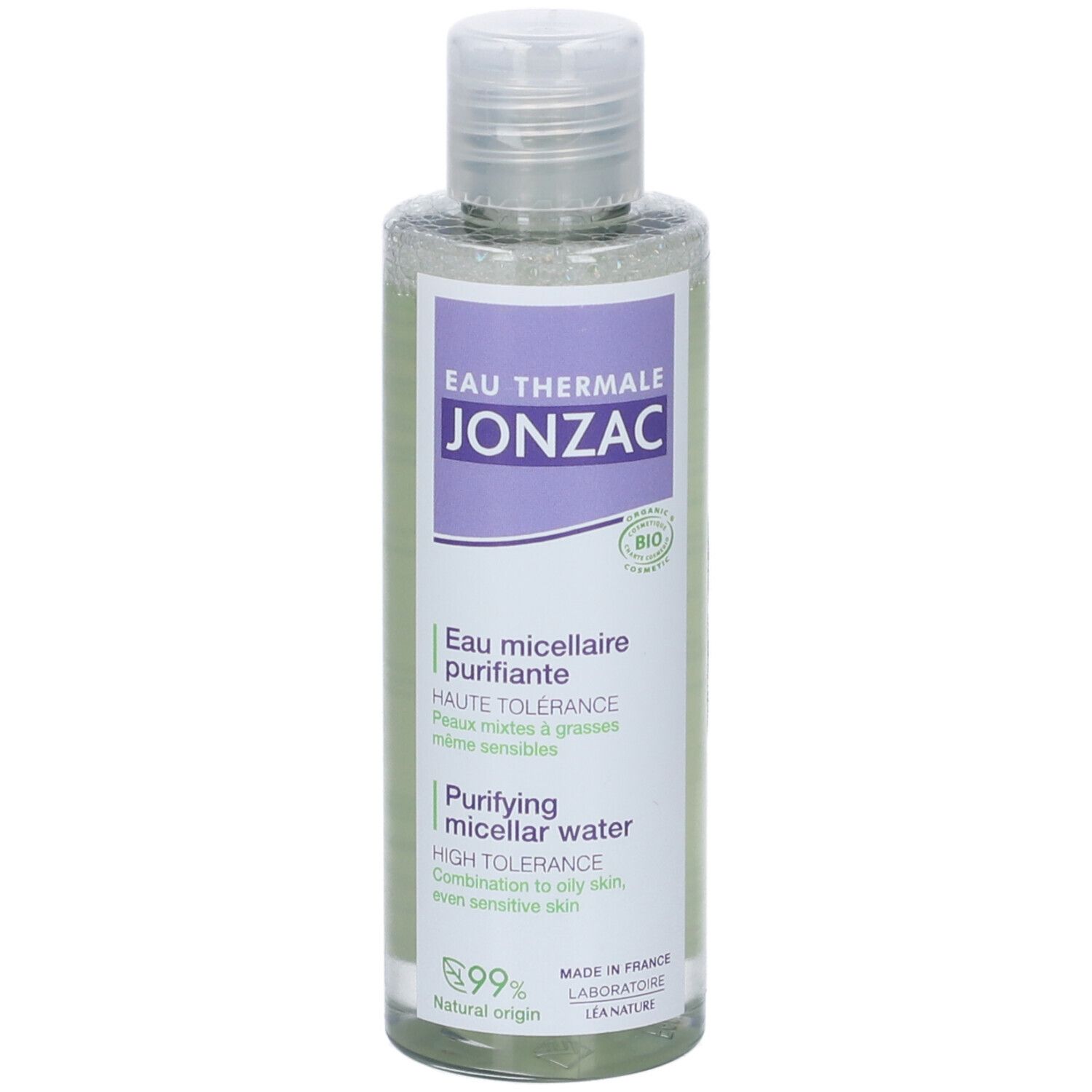 Flacone trasparente con tappo bianco. Etichetta: JONZAC, Eau micellaire purifiante, 99% natural origin.