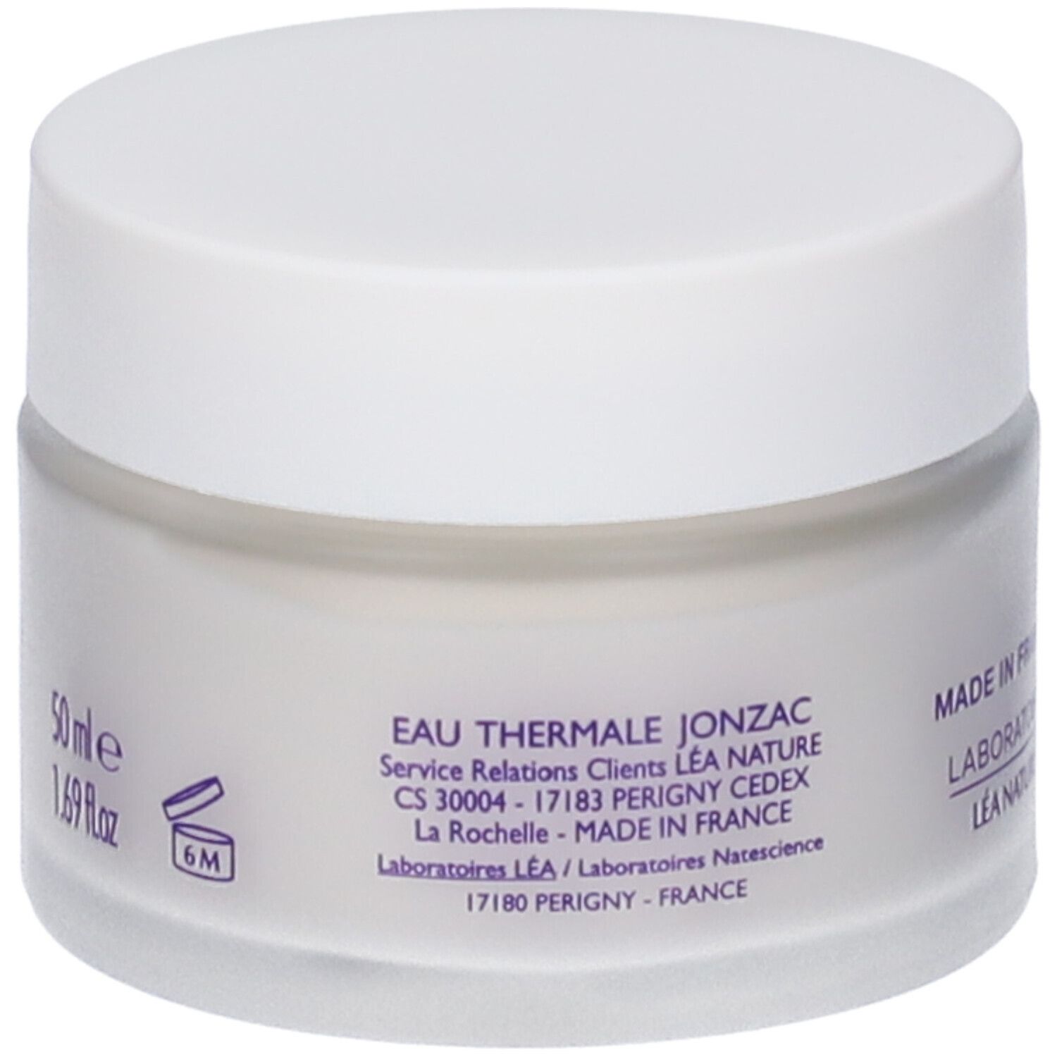 Vasetto di crema con coperchio bianco. Etichetta con testo: 50 ml, 1.69 Fl.oz. Logo e testo Eau Thermale Jonzac. Simbolo 6M.