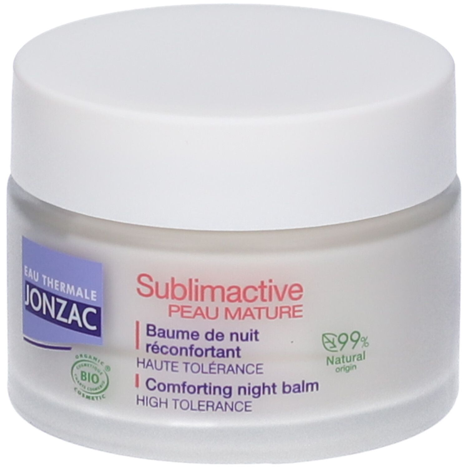 Vasetto di crema con coperchio bianco. Etichetta con nome del prodotto e logo. Testo: Sublimactive, Peau Mature, Baume de nuit réconfortant.