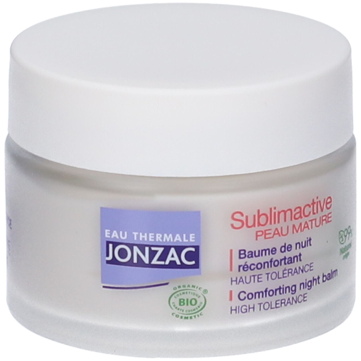 Vasetto di crema con coperchio bianco. Etichetta con nome del prodotto e logo. Testo: Sublimactive, Peau Mature, Baume de nuit réconfortant.