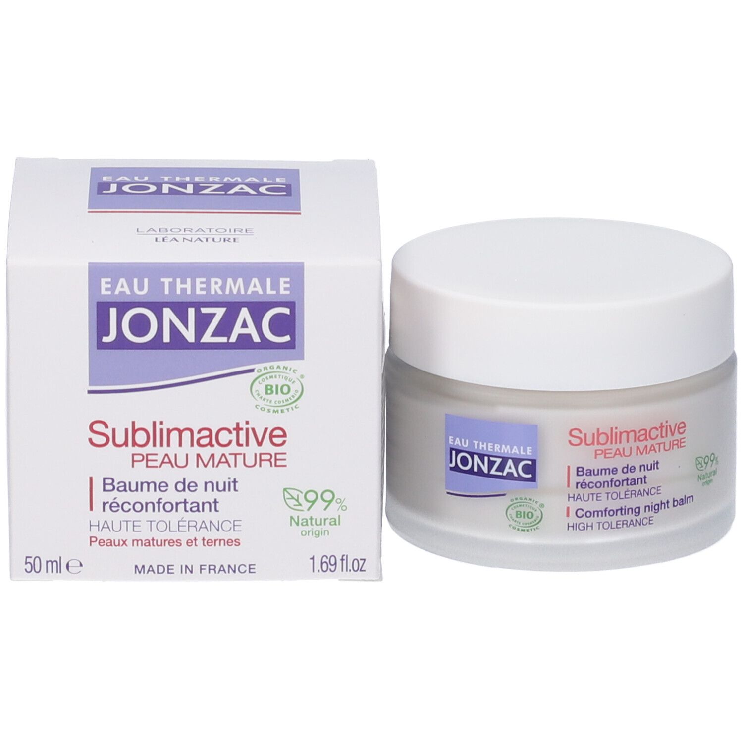 Vasetto di crema e scatola. Etichetta e scatola con nome del prodotto e logo. Testo: Sublimactive, Peau Mature, Baume de nuit réconfortant.