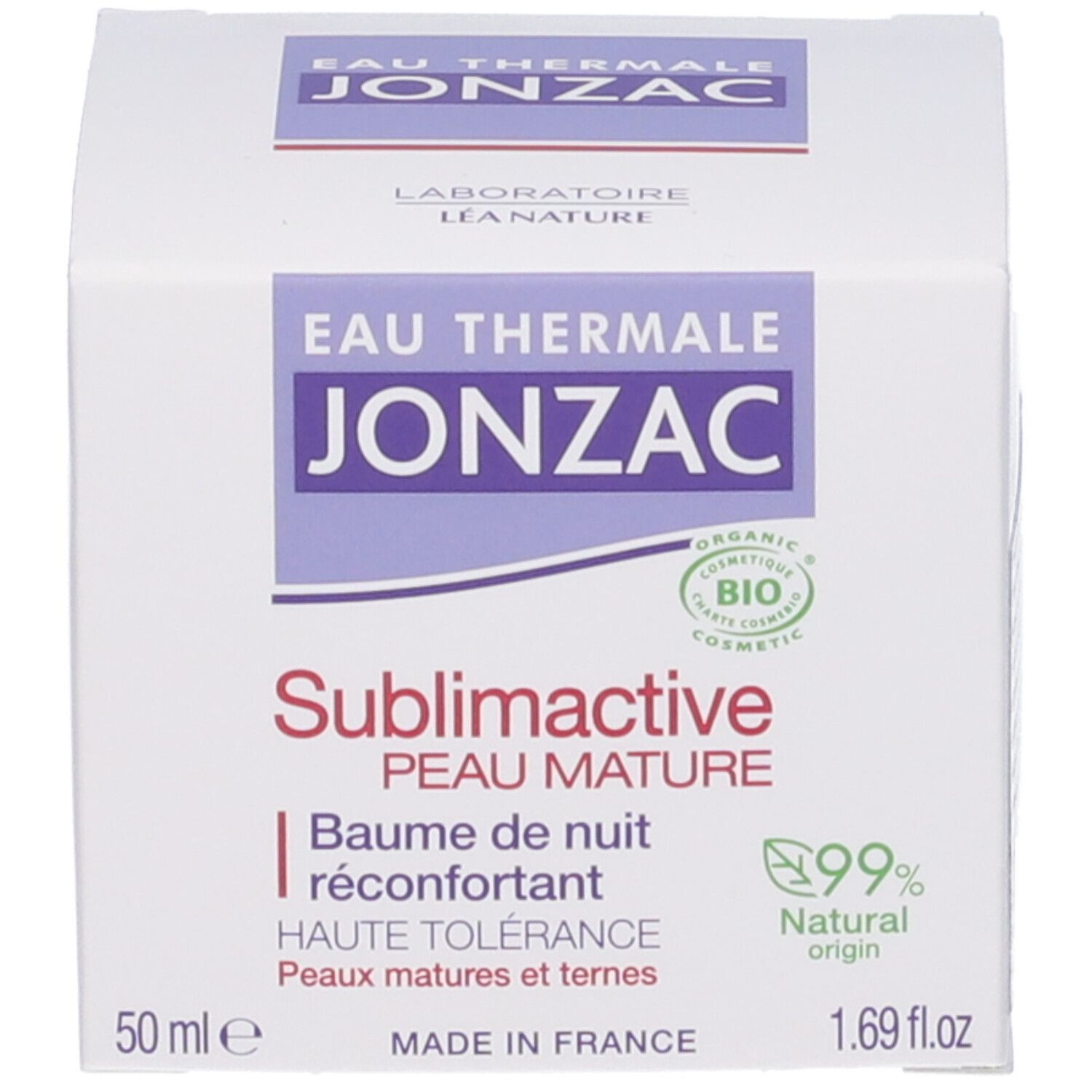 Scatola con nome del prodotto e logo. Testo: Sublimactive, Peau Mature, Baume de nuit réconfortant. 50 ml, 1.69 fl.oz.
