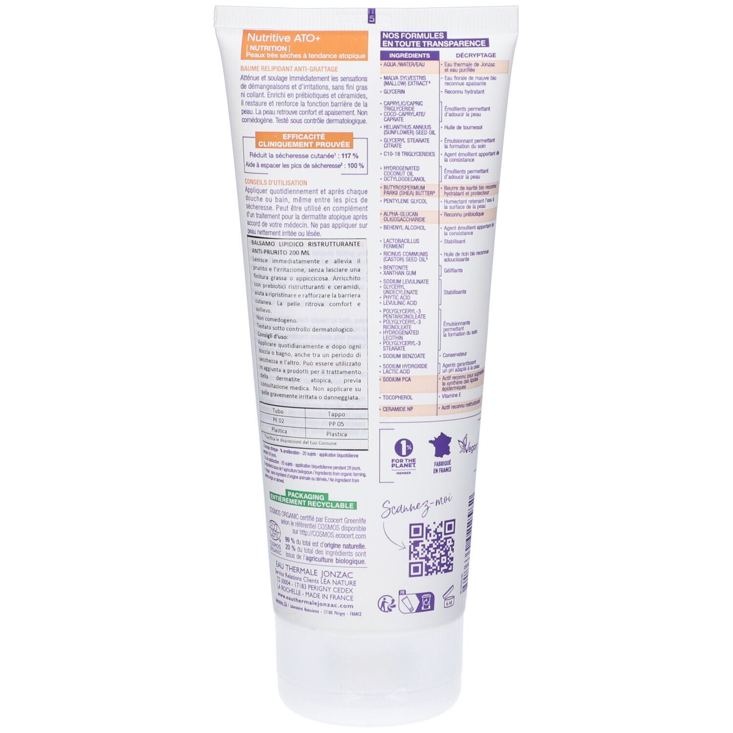 Retro del tubo. Testo e ingredienti. Codice QR e certificazione bio. Prodotto in Francia.