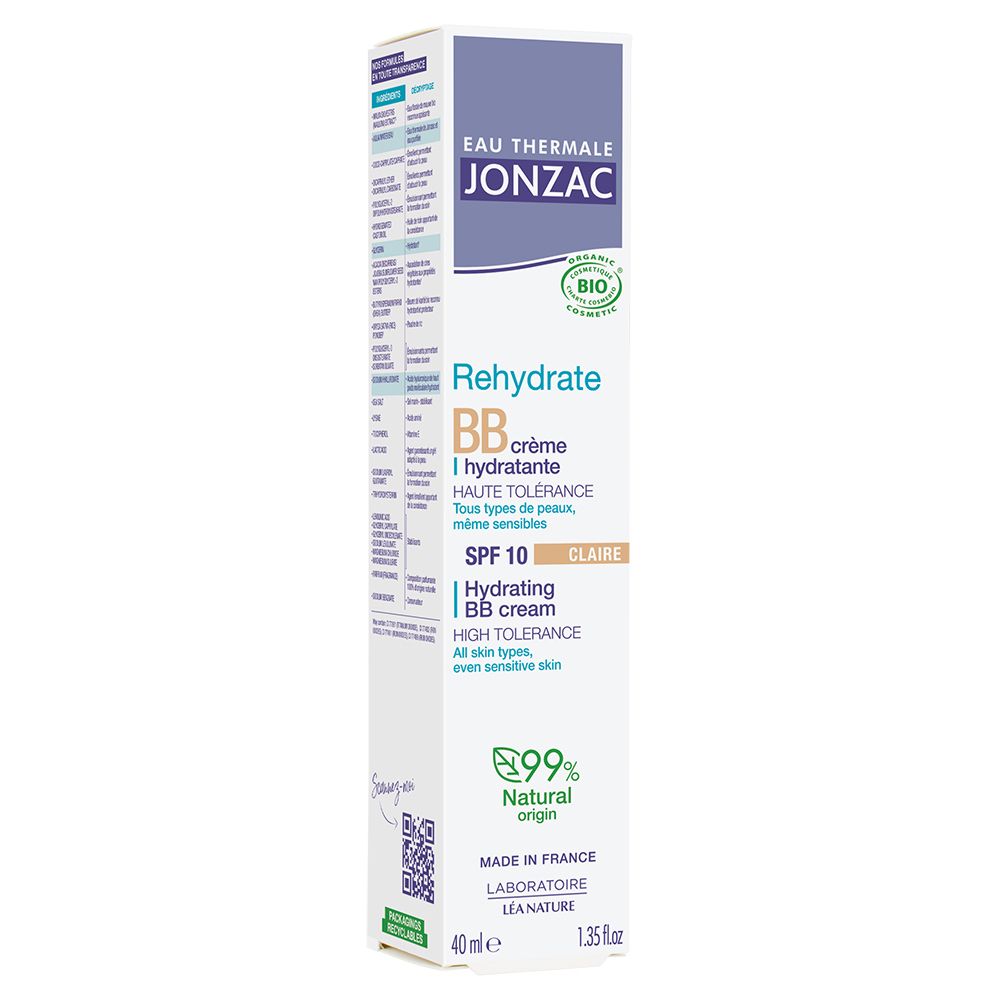Scatola con tubo crema. Marca: Eau Thermale Jonzac. Prodotto: Rehydrate BB crème. Tonalità: Claire. SPF 10. Bio.