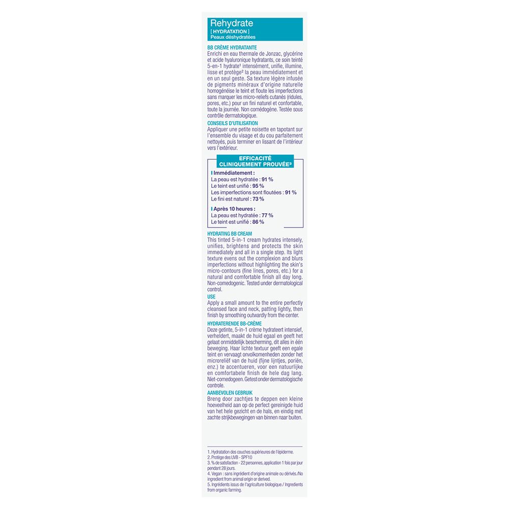 Scatola con informazioni. Marca: Eau Thermale Jonzac. Testo in francese. Informazioni sull'uso.