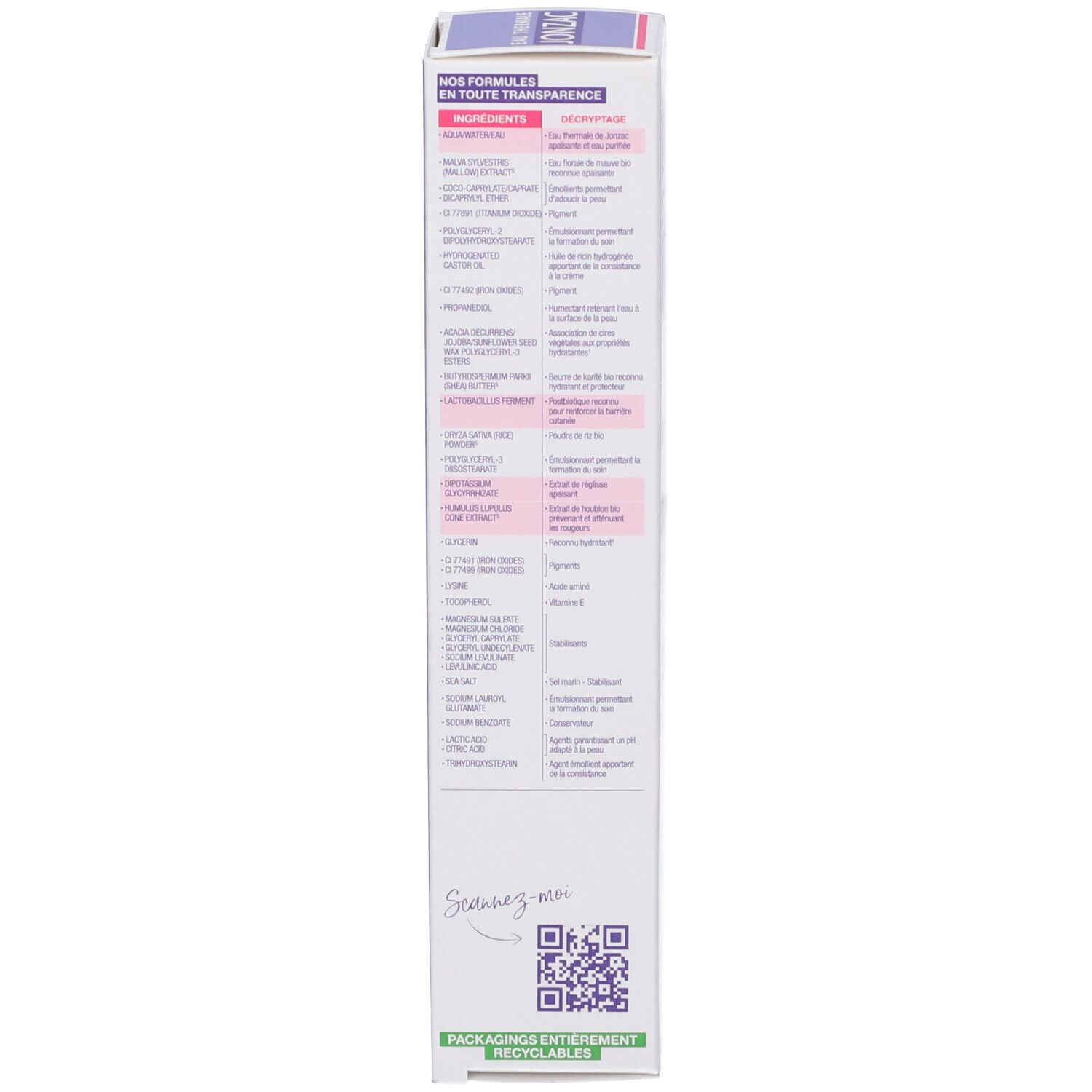 Lato della confezione del prodotto. Testo in francese. Elenco degli ingredienti e codice QR.