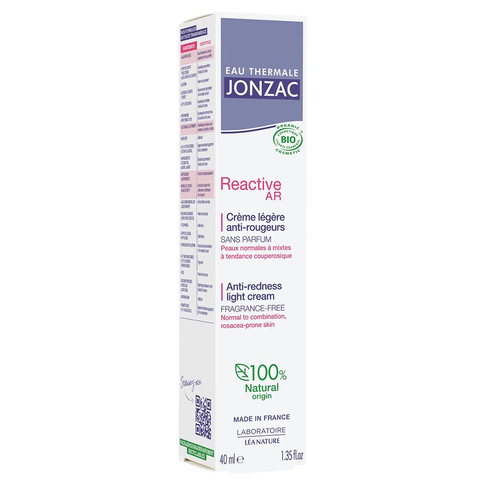 Confezione crema Jonzac Reactive AR, 40 ml. Certificato bio, origine naturale 100%. Testo in italiano. Crema leggera anti-rossori.