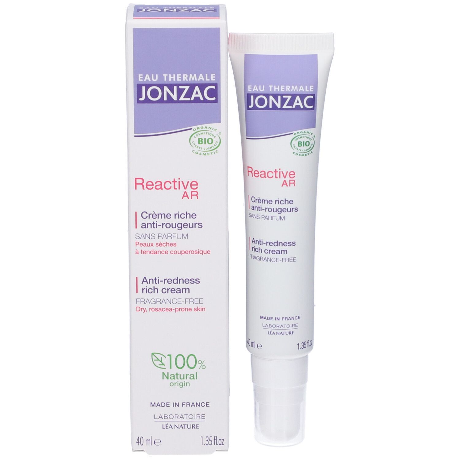 Confezione del prodotto: tubo e scatola. Scritta: JONZAC, Reactive AR, anti-rossori, senza profumo. Certificazione bio.