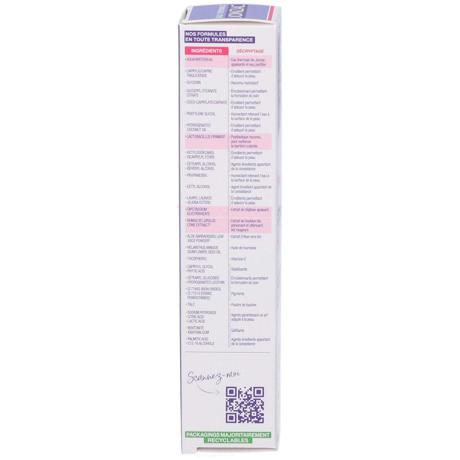 Retro della scatola. Ingredienti e informazioni multilingue. Codice QR. Imballaggio riciclabile.