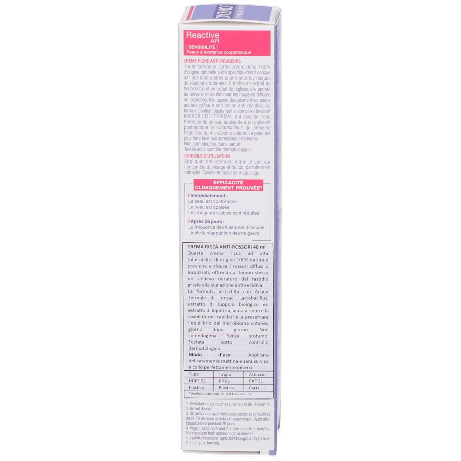 Lato della scatola. Descrizione del prodotto multilingue. Testato clinicamente. Informazioni sull'uso.