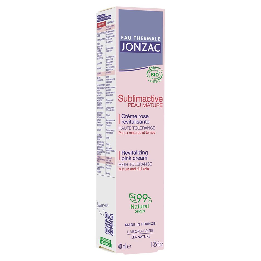 Scatola di crema rosa. Scritte: Eau Thermale Jonzac, Sublimactive, Crème rose revitalisante, 40 ml.