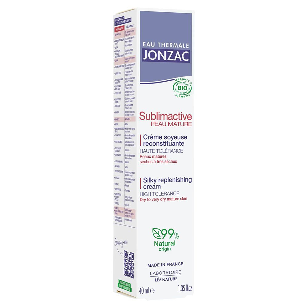 Scatola con prodotto. Scritta JONZAC, Sublimactive Peau Mature. Sigillo Bio. 99% origine naturale. 40ml.