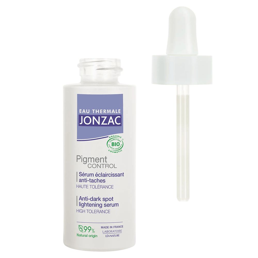 Flacone bianco con contagocce, senza tappo. Scritta: Eau Thermale Jonzac, Pigment Control, siero antimacchie.