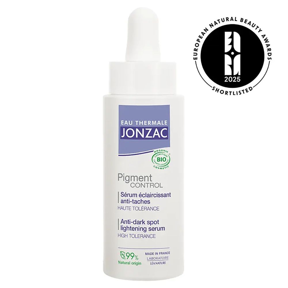 Flacone bianco con contagocce. Scritta: Eau Thermale Jonzac, Pigment Control, siero antimacchie. Con premio.