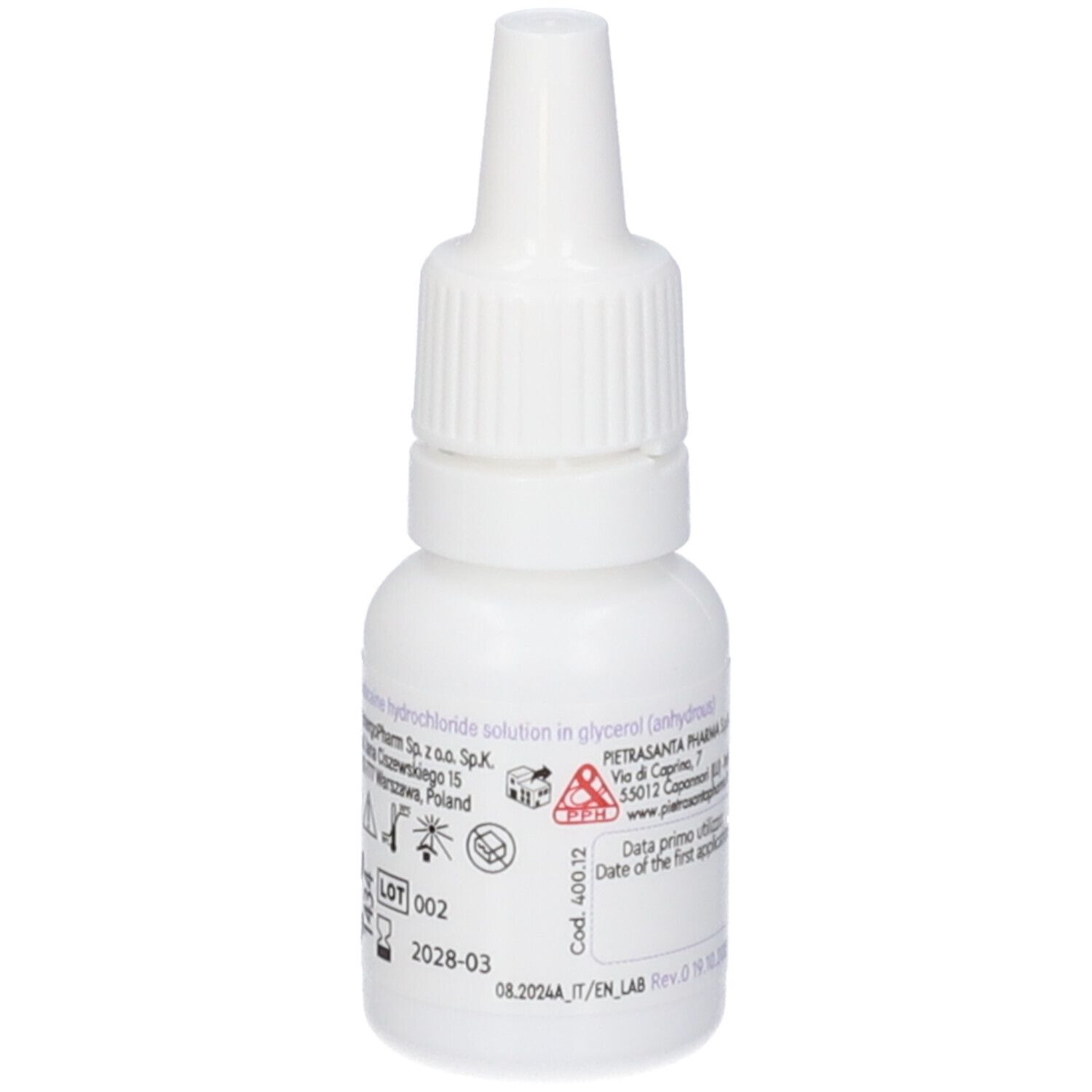 Flacone contagocce bianco. Scritta: Cerumina DOL, gocce auricolari. Etichetta con testo e simboli.