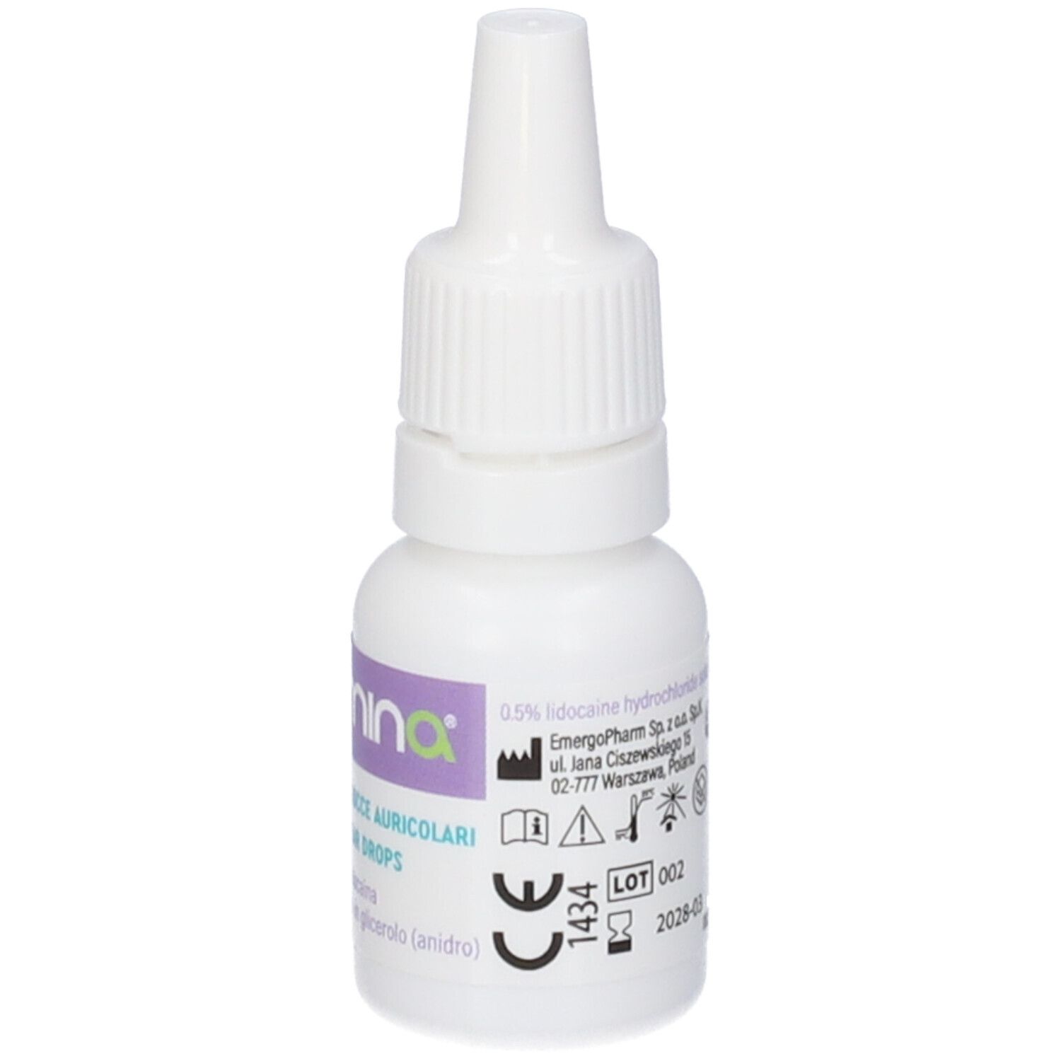 Flacone contagocce bianco. Scritta: Cerumina DOL, gocce auricolari. Etichetta con testo e simboli.