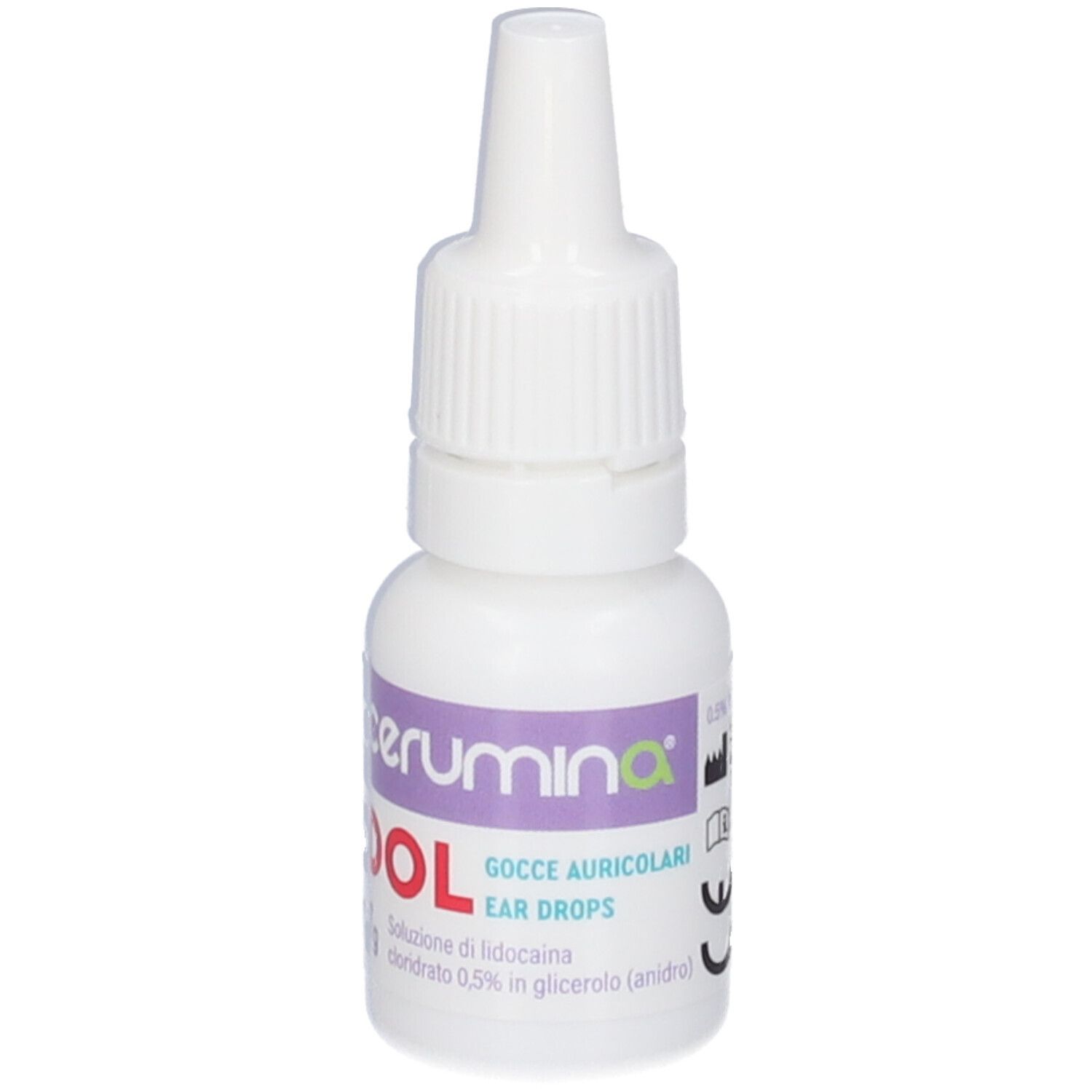 Flacone contagocce bianco. Scritta: Cerumina DOL, gocce auricolari. Etichetta con testo.