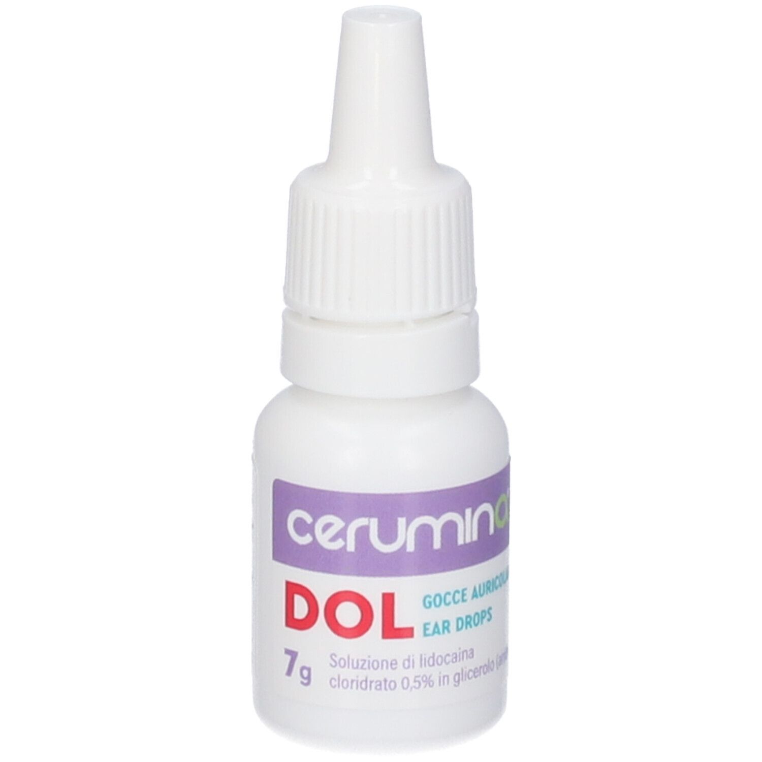 Flacone contagocce bianco. Scritta: Cerumina DOL, gocce auricolari. Etichetta con testo.
