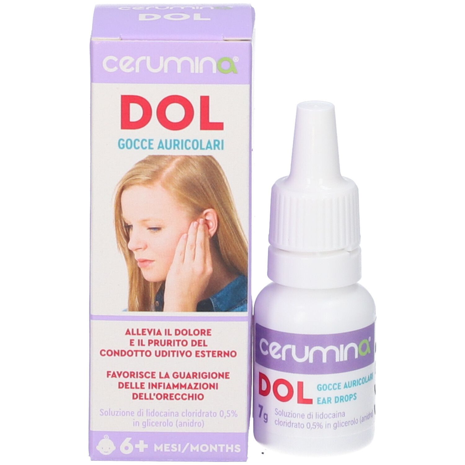 Confezione del prodotto con flacone. Scritta: Cerumina DOL, gocce auricolari. Immagine di una ragazza.