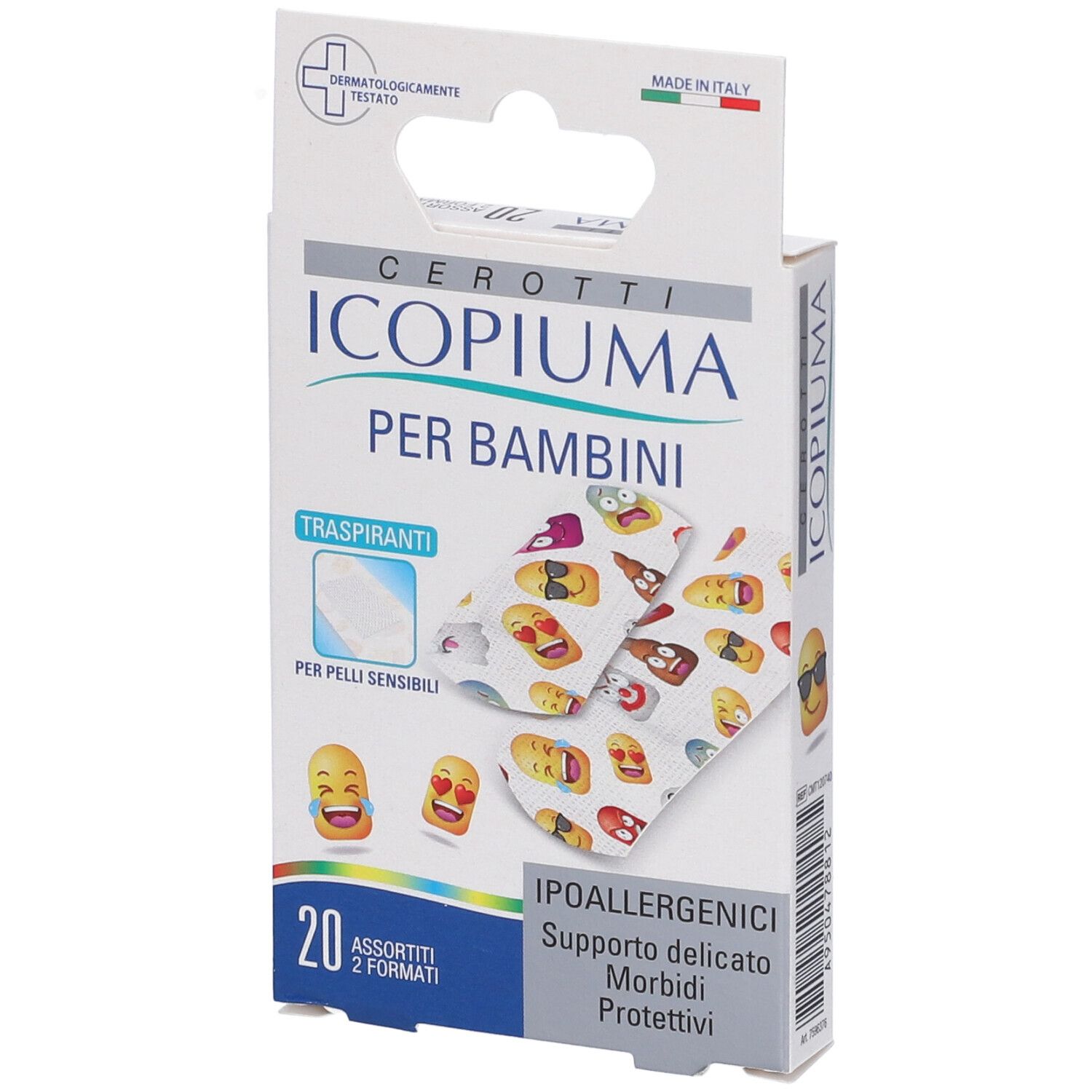 Confezione di cerotti Icopiuma per bambini. Contiene 20 cerotti assortiti. Testato dermatologicamente. Ipoallergenico. Scritta: « Per pelli sensibili ».