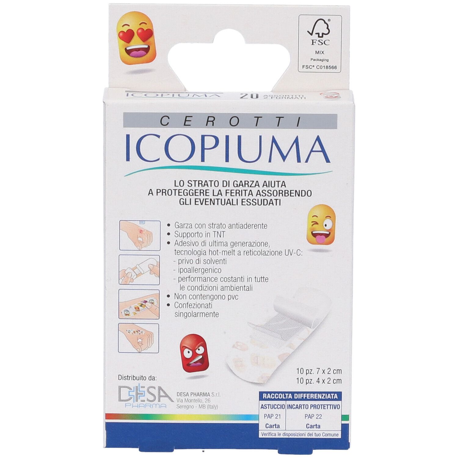 Confezione di cerotti Icopiuma. Contiene 10 cerotti 7x2 cm e 10 cerotti 4x2 cm. Certificazione FSC. Testo: « Lo strato di garza aiuta a proteggere la ferita assorbendo gli eventuali essudati ».