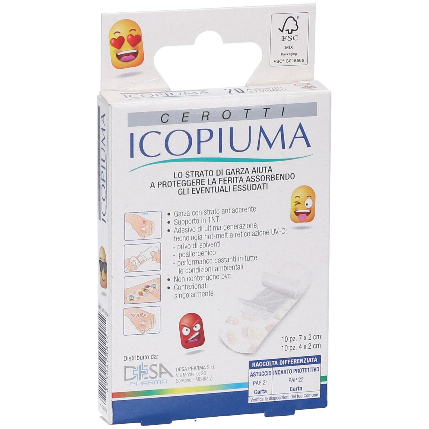 Confezione di cerotti Icopiuma. Contiene 10 cerotti 7x2 cm e 10 cerotti 4x2 cm. Certificazione FSC. Testo: « Lo strato di garza aiuta a proteggere la ferita assorbendo gli eventuali essudati ».
