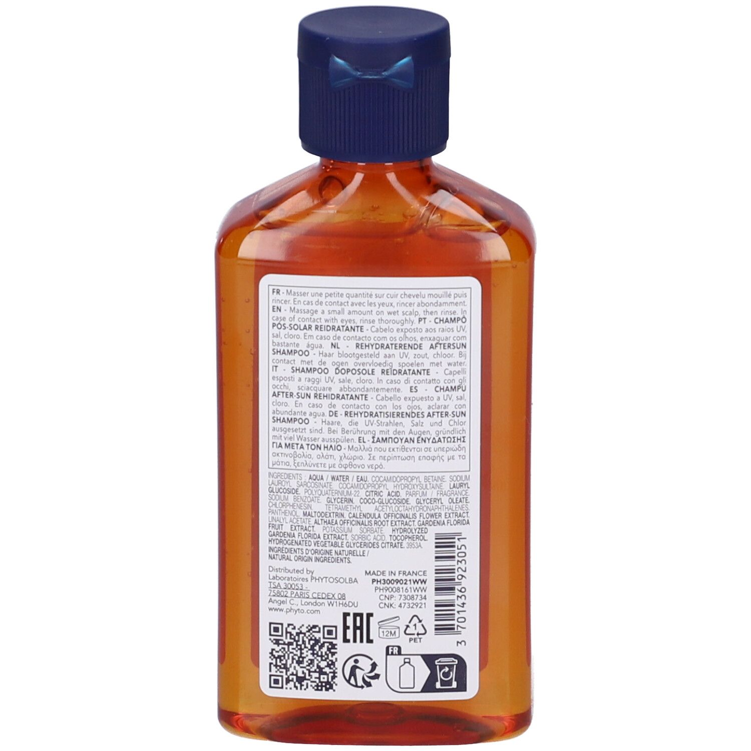 Retro di un flacone marrone con tappo blu. Etichetta con informazioni e ingredienti del prodotto.