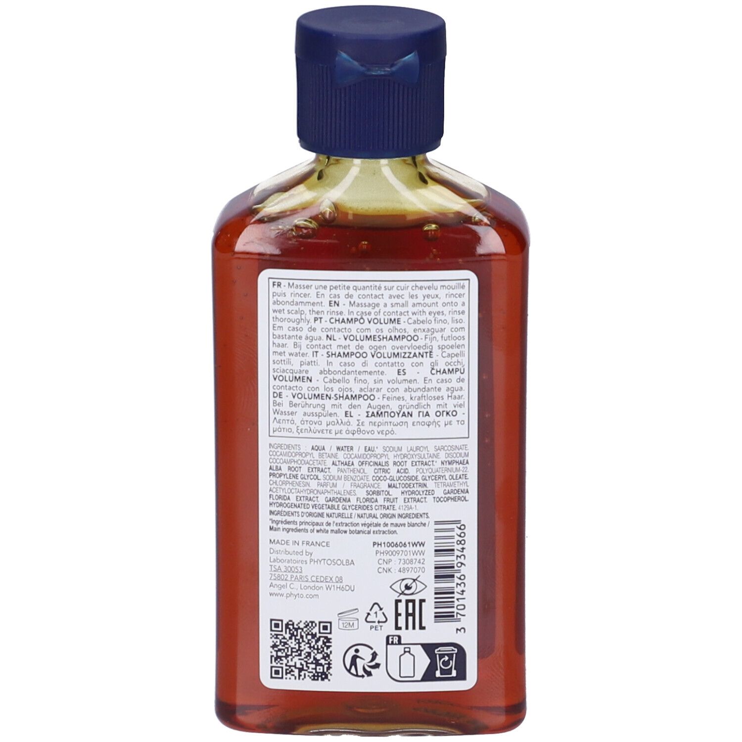 Retro del flacone di shampoo Phyto Volume. Etichetta con testo, ingredienti e loghi.