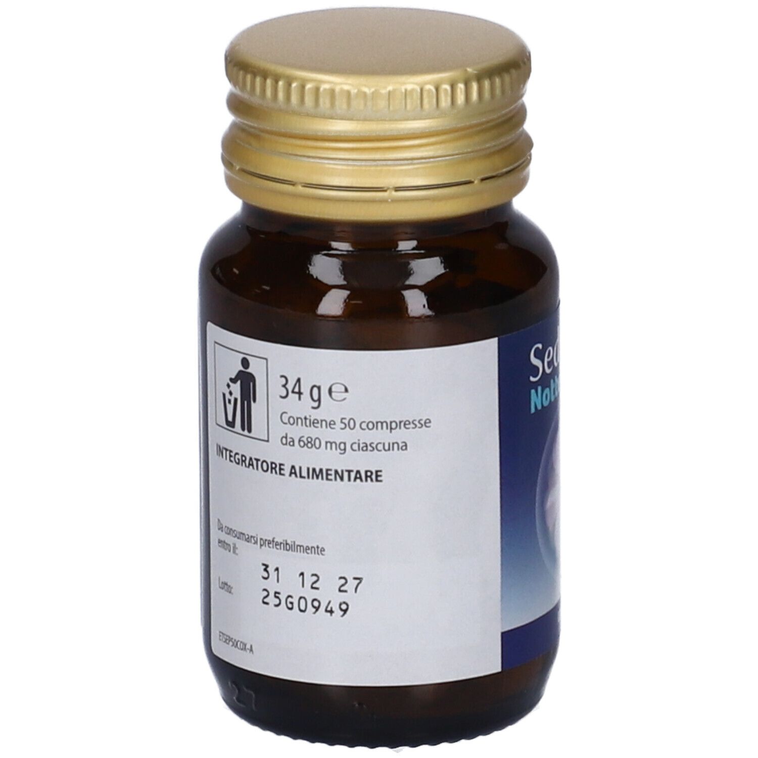 Retro del flacone. Etichetta con informazioni: 34g, 50 compresse, integratore alimentare. Scadenza.
