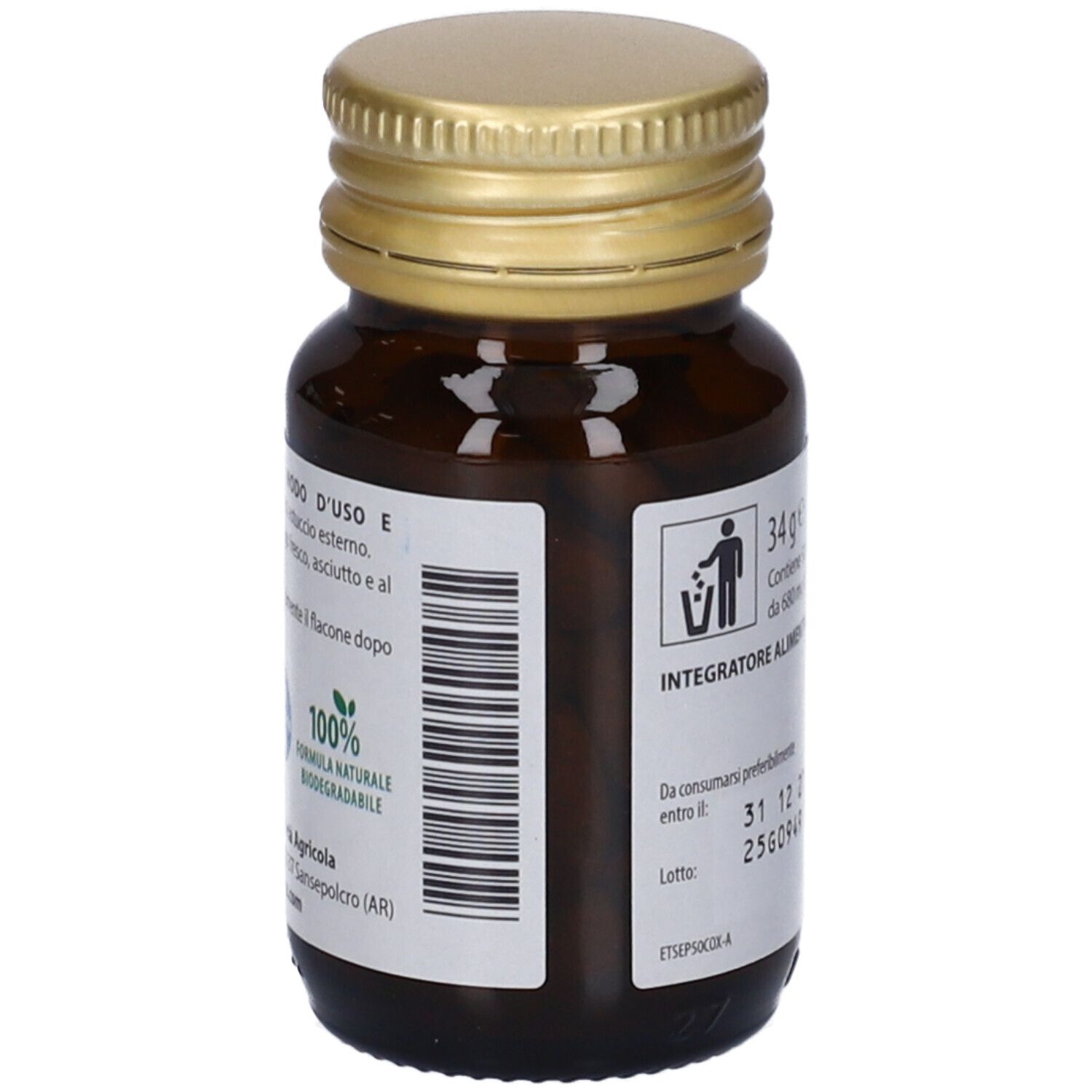 Retro del flacone. Etichetta con informazioni: 34g, 50 compresse, integratore alimentare. Codice a barre.