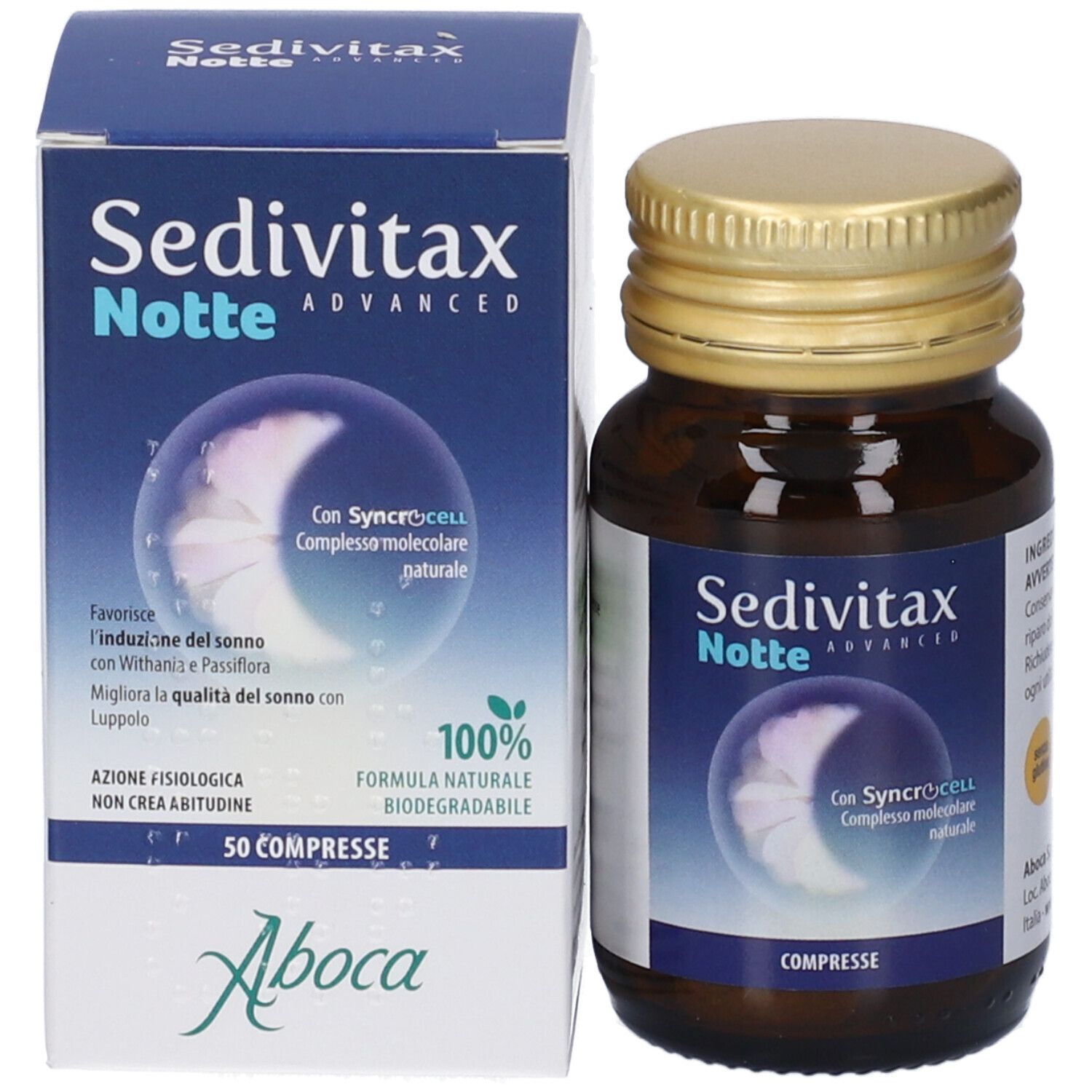 Flacone e scatola del prodotto. Scatola con nome prodotto, design luna e 50 compresse. Logo Aboca.