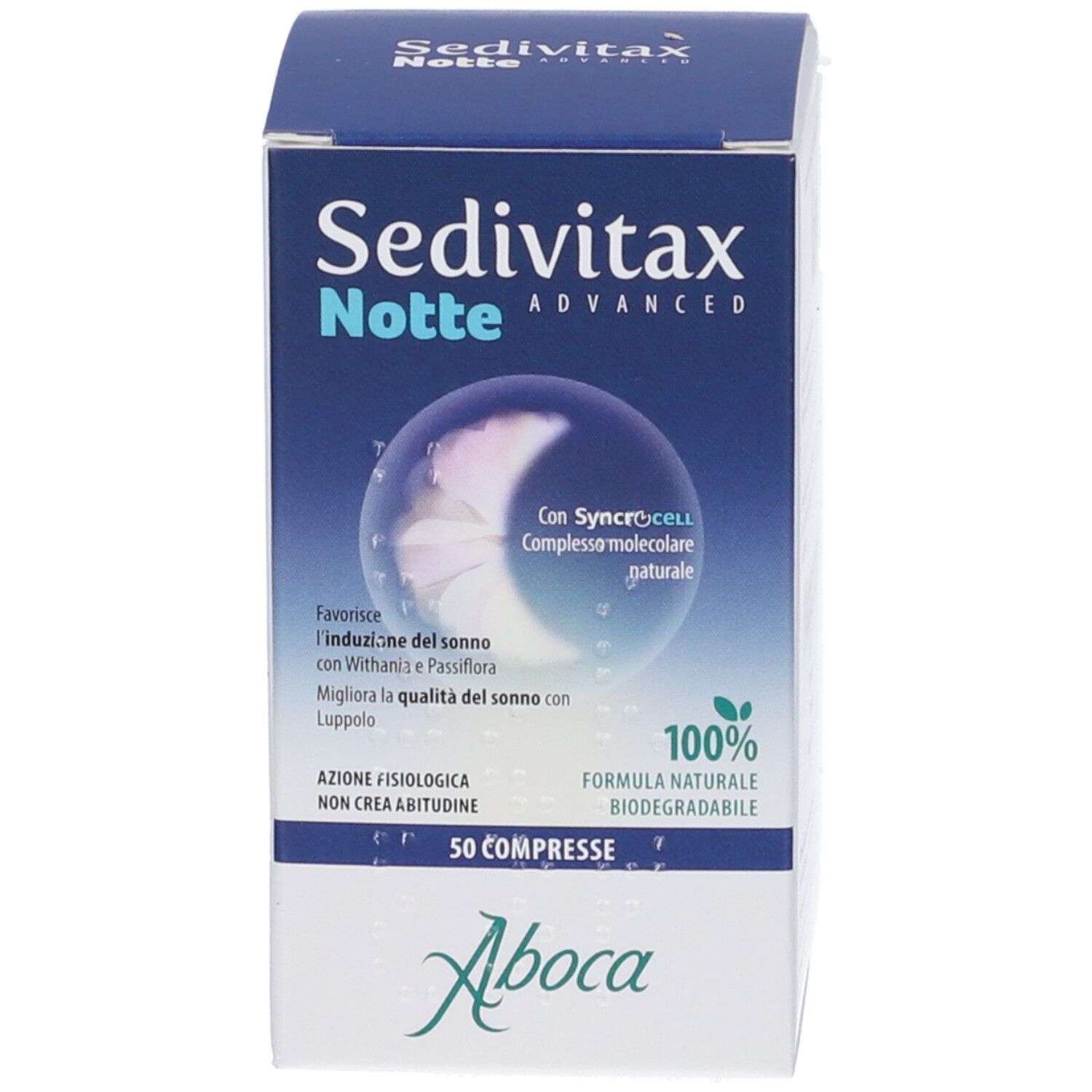Confezione del prodotto. Scatola con nome prodotto, design luna e 50 compresse. Logo Aboca.
