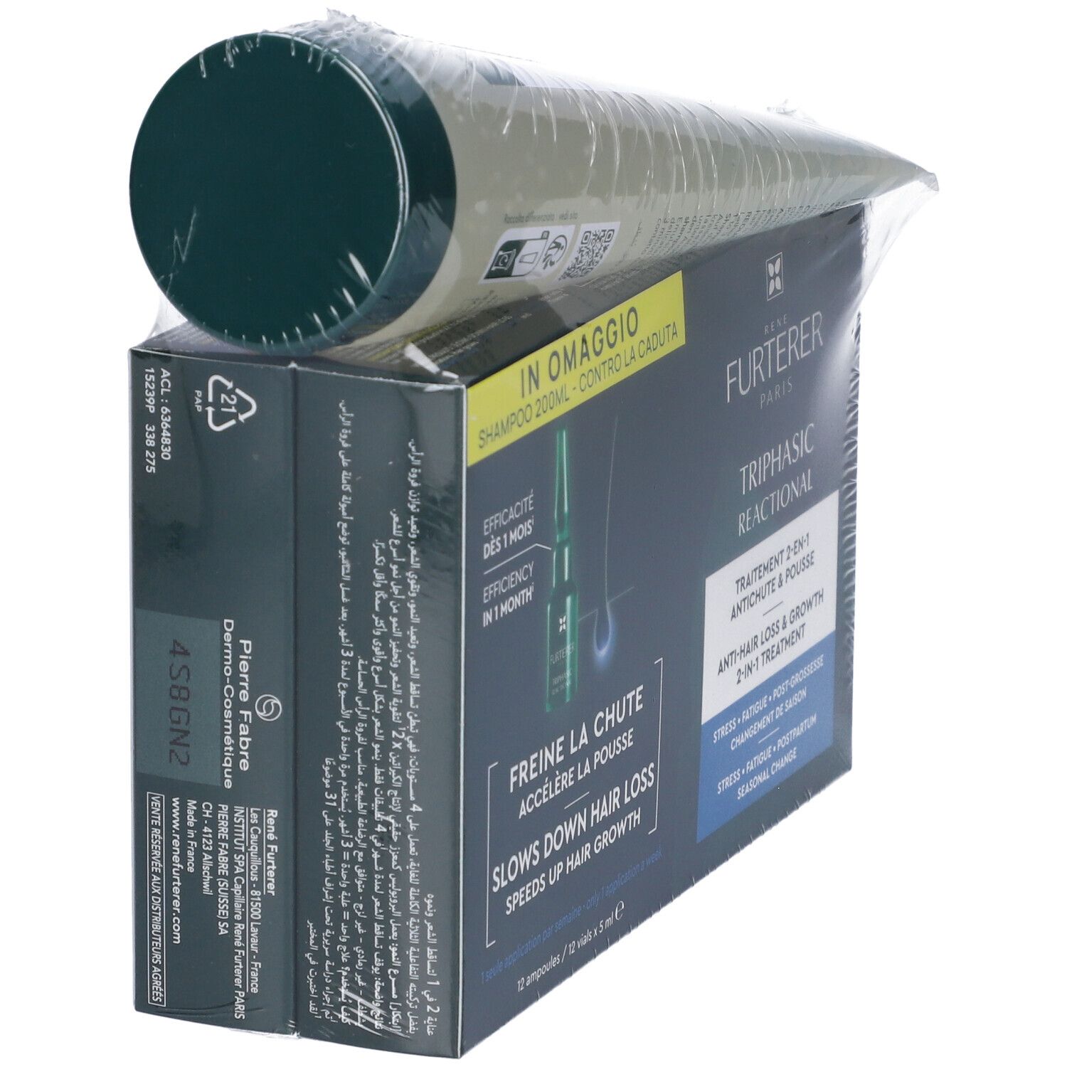 Confezione Rene Furterer Triphasic Reactional Ampolle e Shampoo. Contiene fiale e shampoo in confezione. Testo: Anti-caduta e crescita.