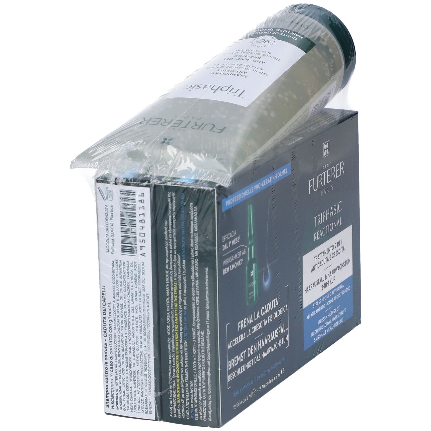 Confezione Rene Furterer Triphasic Reactional Ampolle e Shampoo. Contiene fiale e shampoo in confezione. Testo: Anti-caduta e crescita.