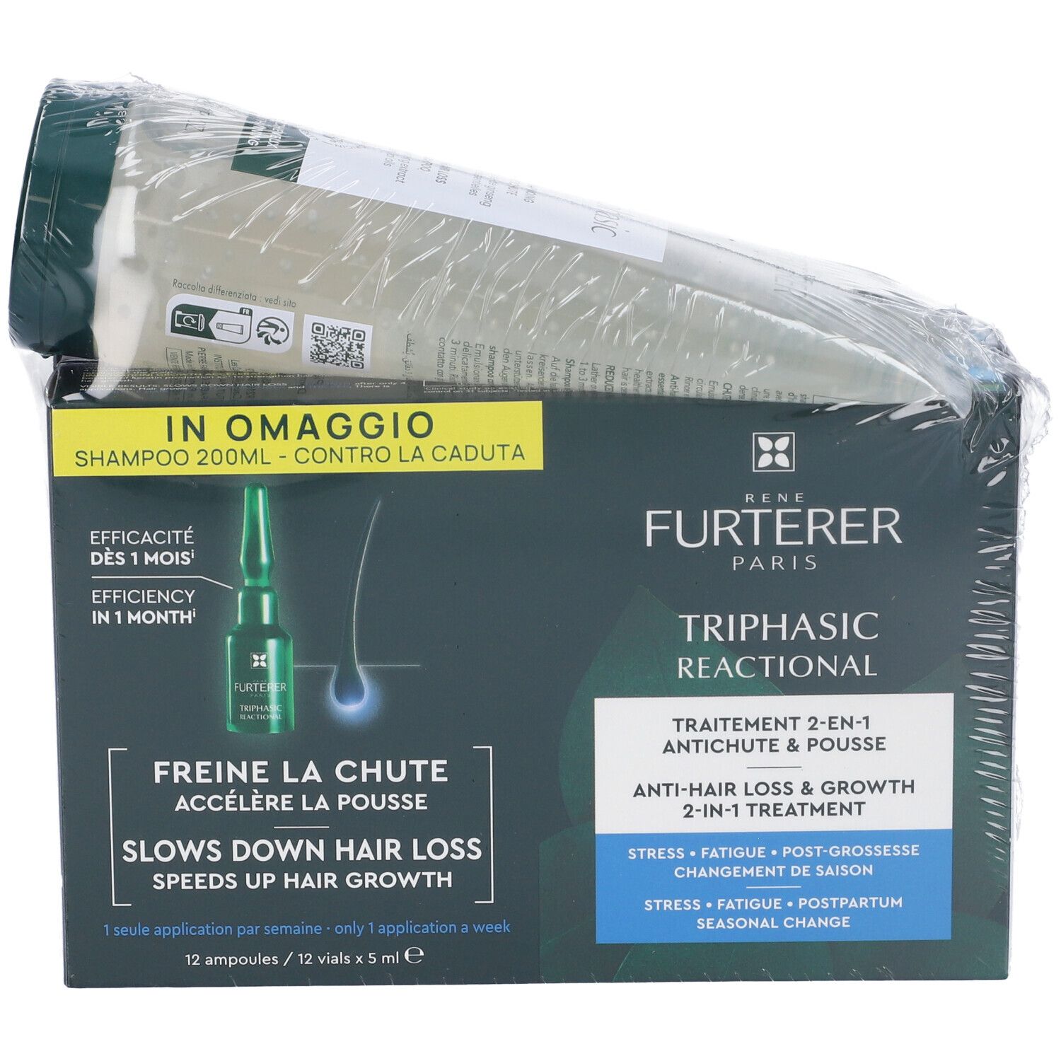 Confezione Rene Furterer Triphasic Reactional Ampolle e Shampoo. Contiene fiale e shampoo in confezione. Testo: Anti-caduta e crescita.