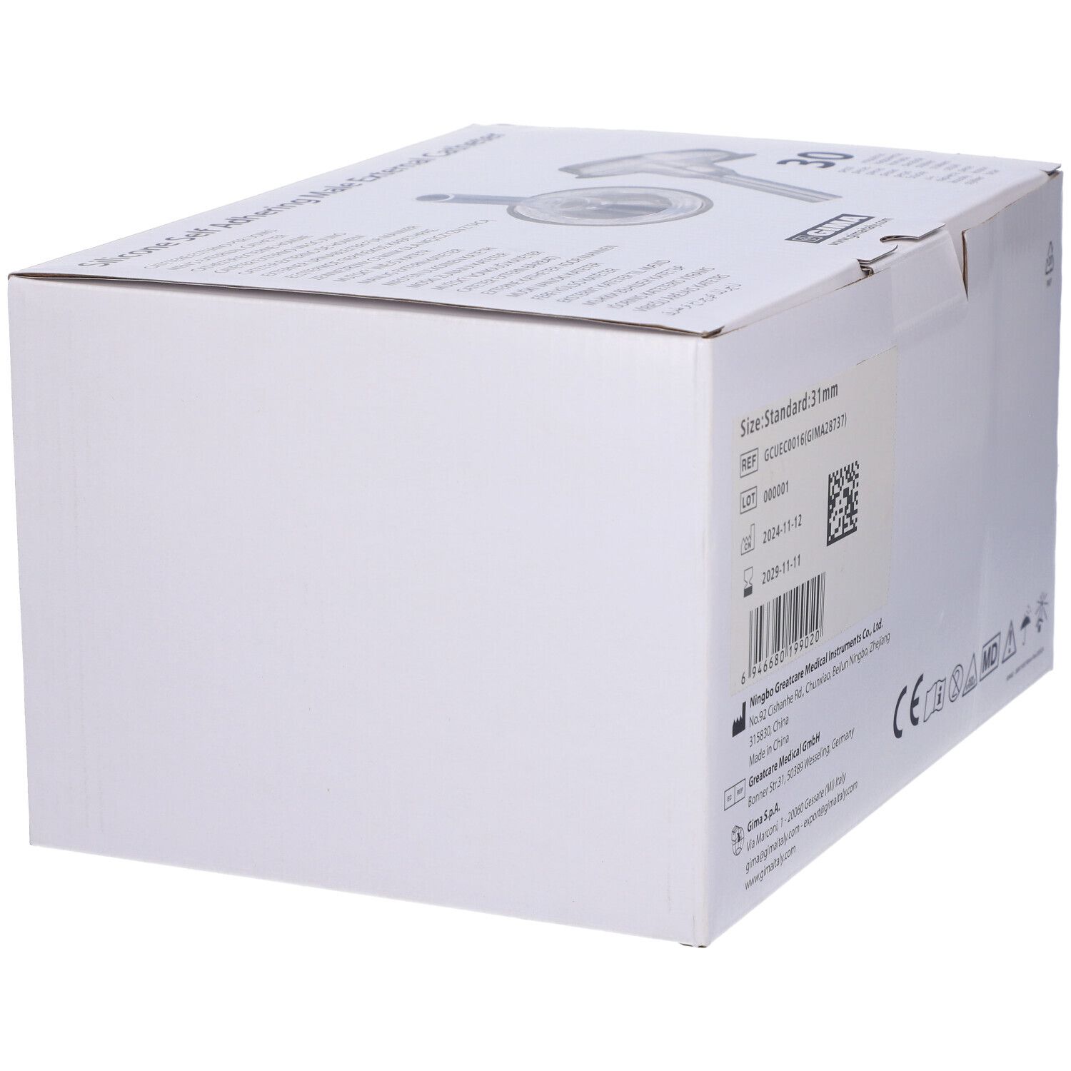 Confezione bianca con immagine del prodotto. Scritte: 31 mm, marchio CE, codice REF, numero di lotto e data di scadenza.