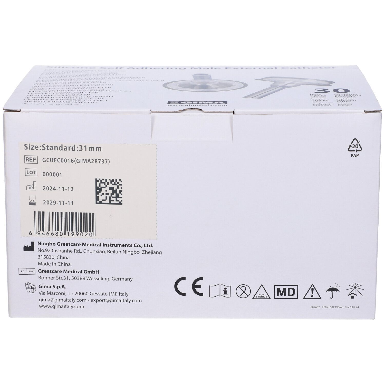 Confezione bianca con immagine del prodotto. Scritte: 31 mm, marchio CE, codice REF, numero di lotto e data di scadenza.