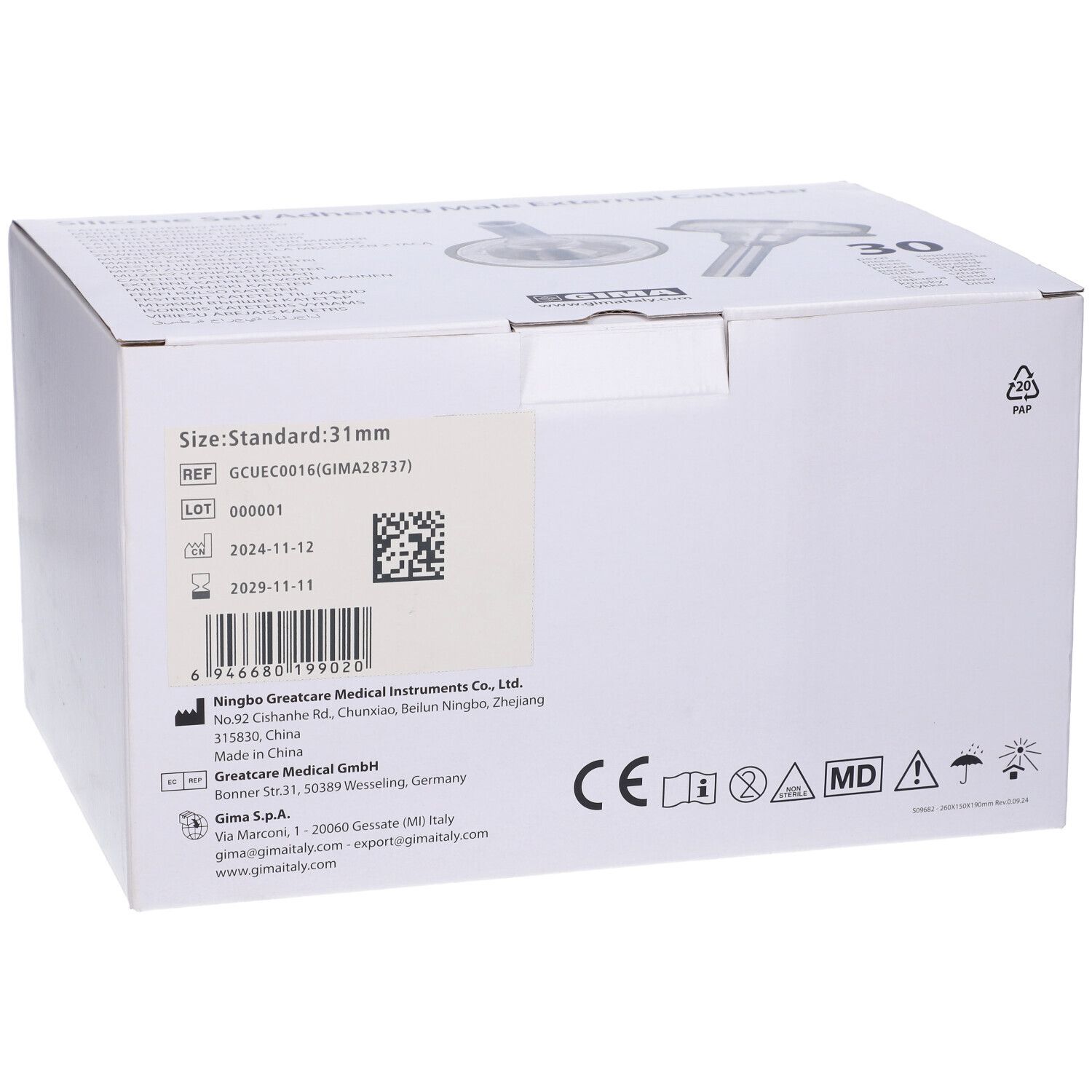 Confezione bianca con immagine del prodotto. Scritte: 31 mm, marchio CE, codice REF, numero di lotto e data di scadenza.