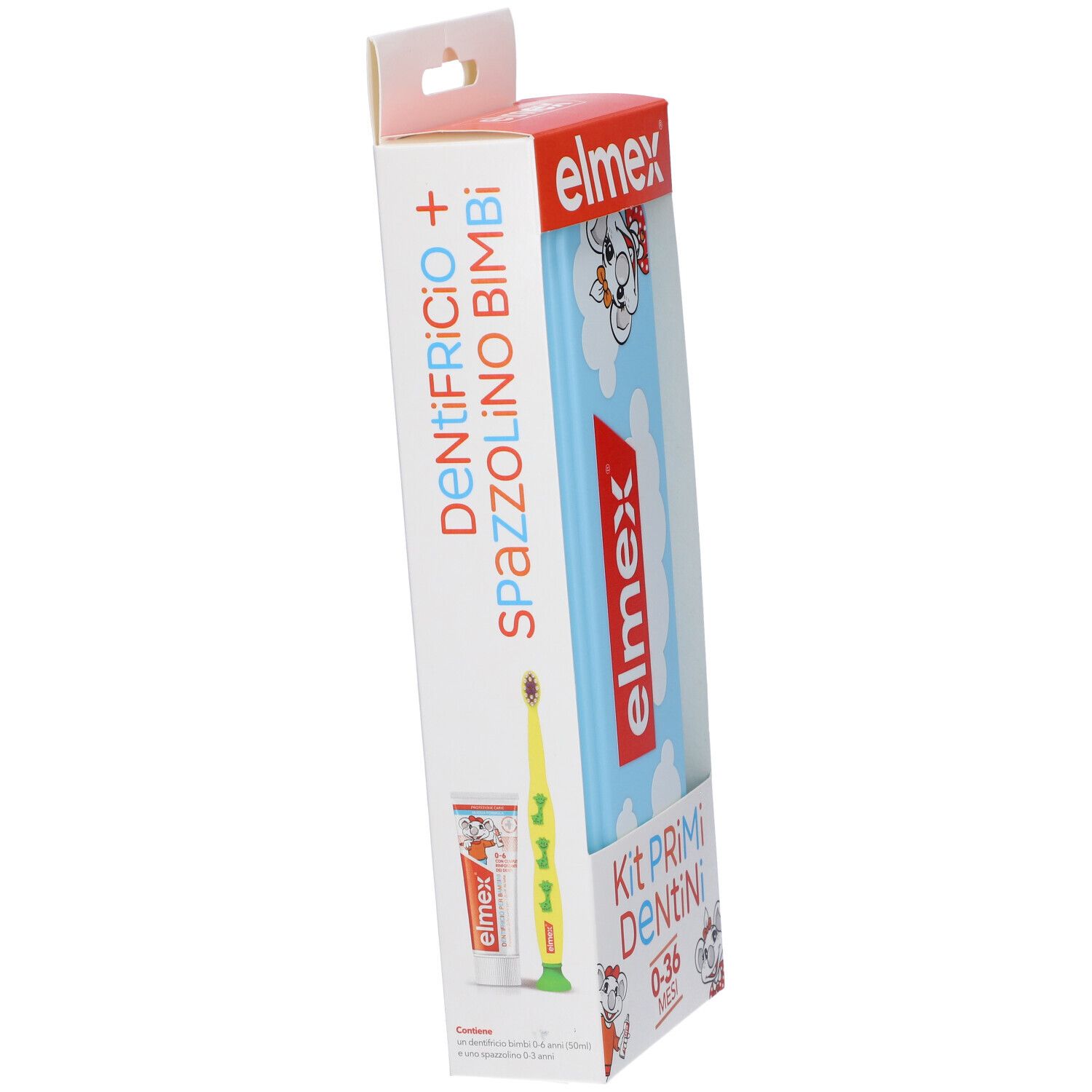 Elmex Kit Primi Dentini: spazzolino giallo e tubetto dentifricio in confezione aperta, per bimbi 0-36 mesi.
