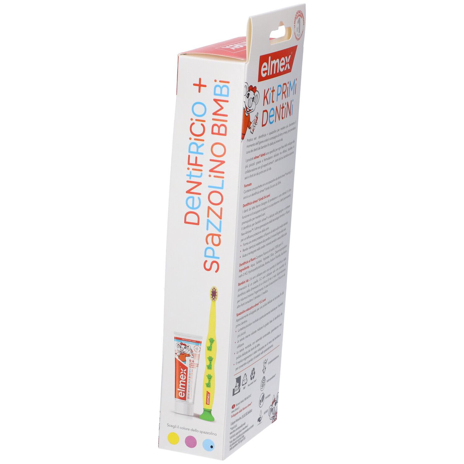 Elmex Kit Primi Dentini: spazzolino giallo e tubetto dentifricio accanto alla confezione aperta, per bimbi 0-36 mesi.