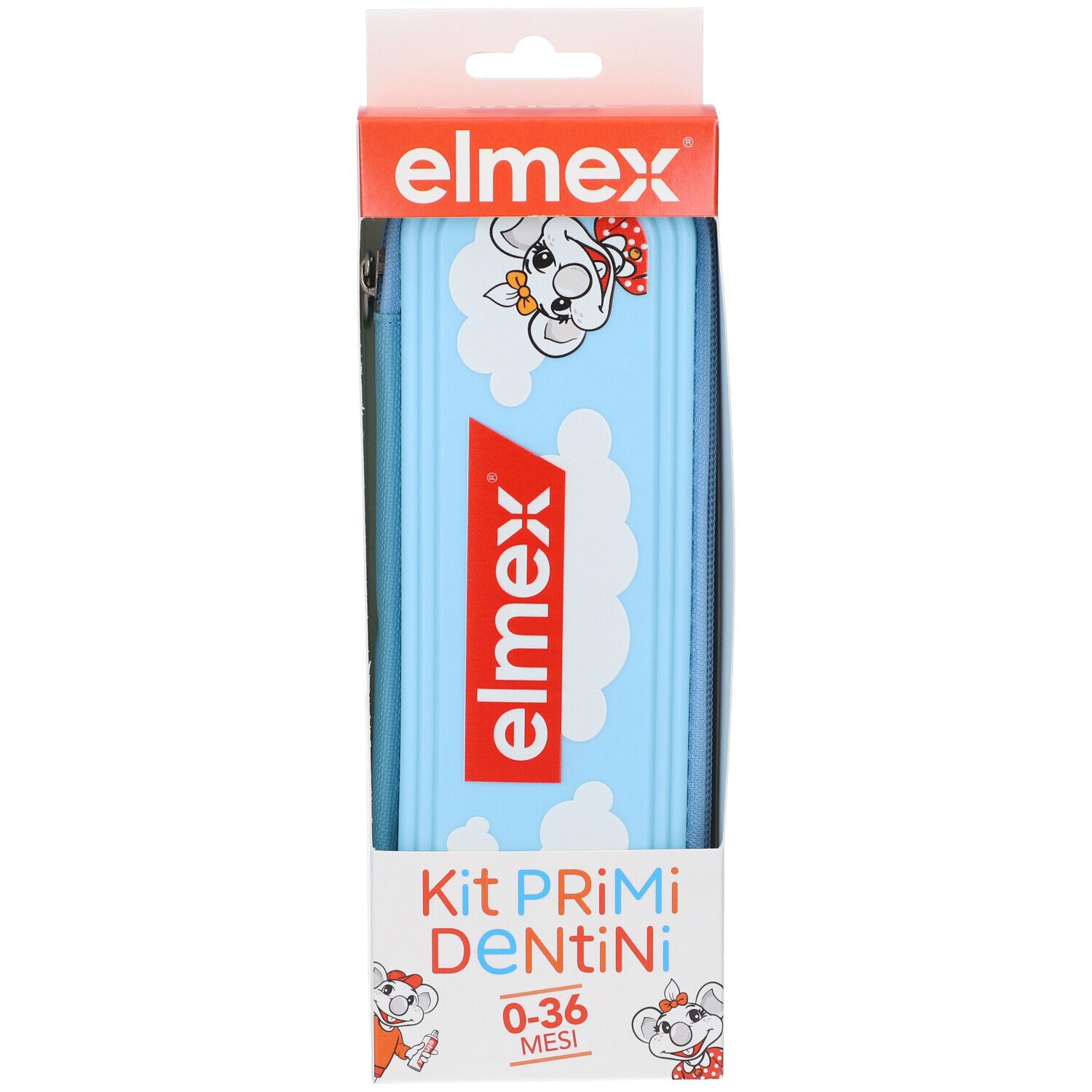 Elmex Kit Primi Dentini: spazzolino e dentifricio per bimbi 0-36 mesi, confezione blu con nuvole.
