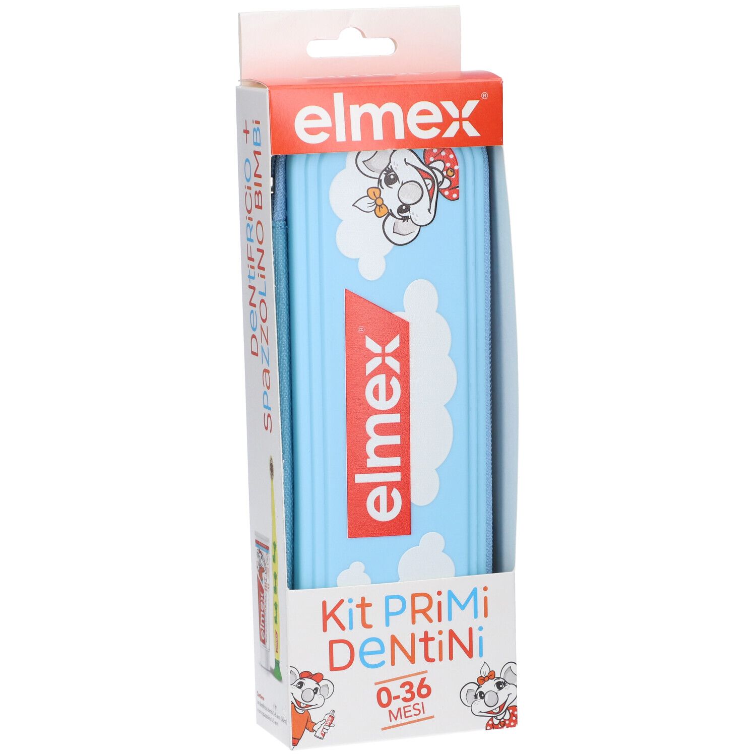 Elmex Kit Primi Dentini: spazzolino e dentifricio per bimbi 0-36 mesi, confezione blu con nuvole.