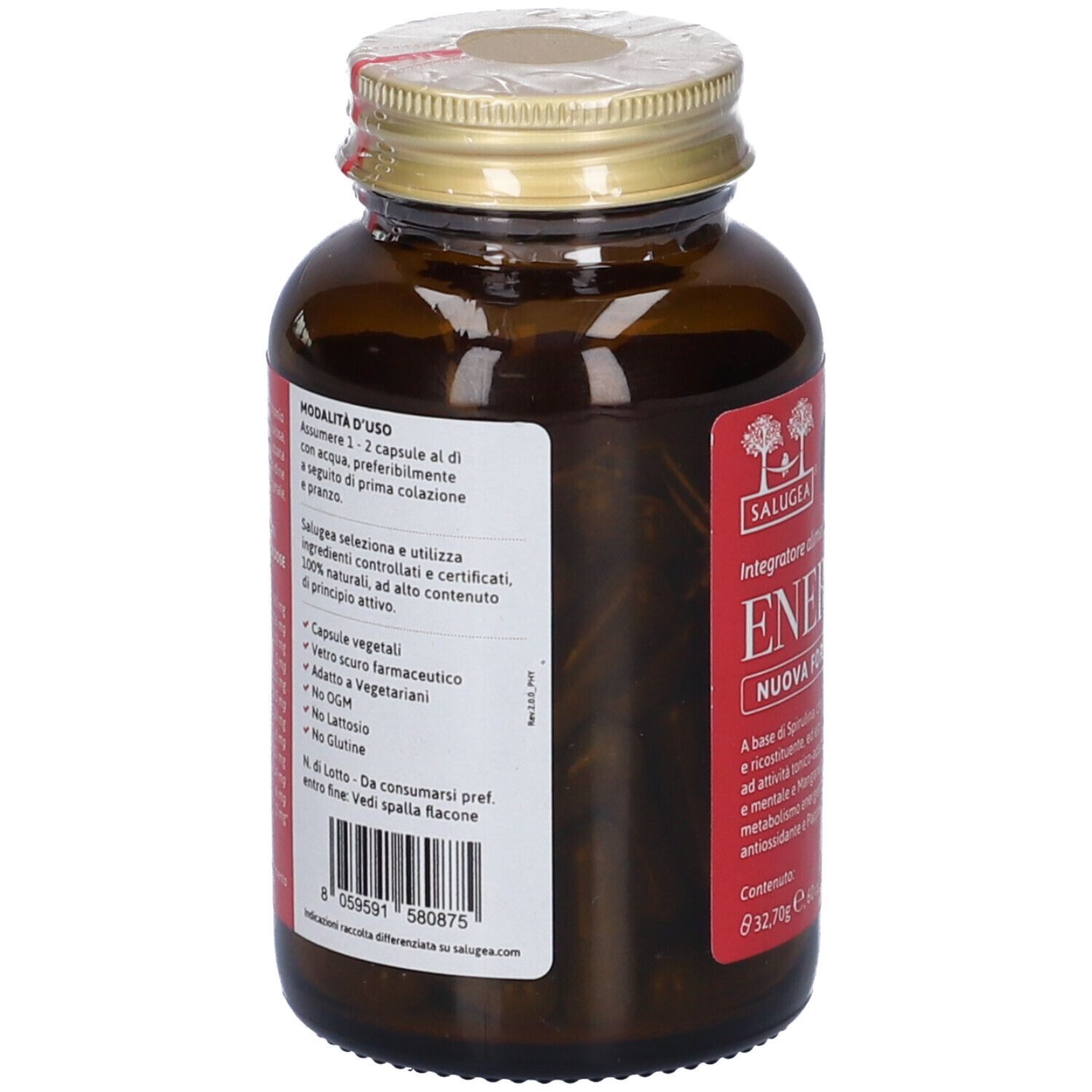 Retro del flacone con testo. Contiene informazioni sugli ingredienti e le istruzioni per l'uso. Codice a barre.