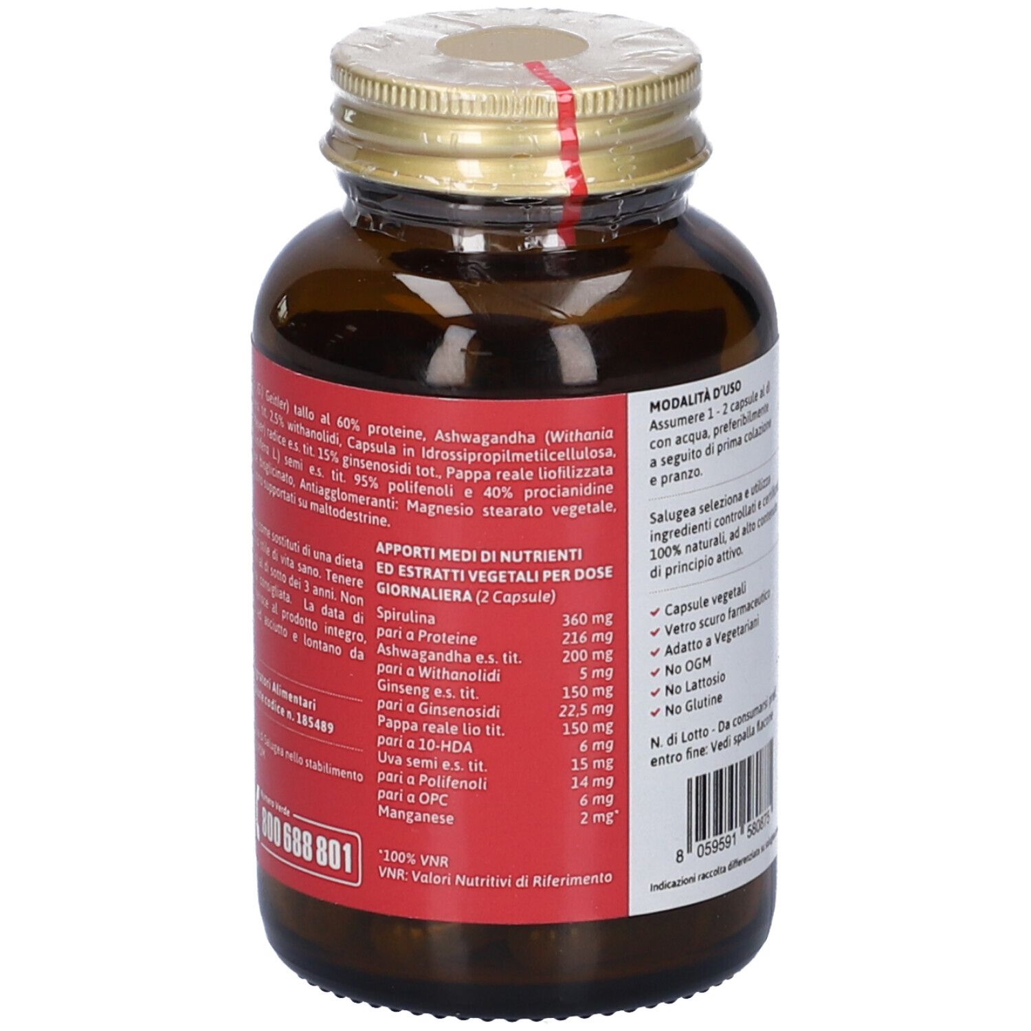 Retro del flacone con informazioni sugli ingredienti. Elenco degli ingredienti e valori nutrizionali per porzione.