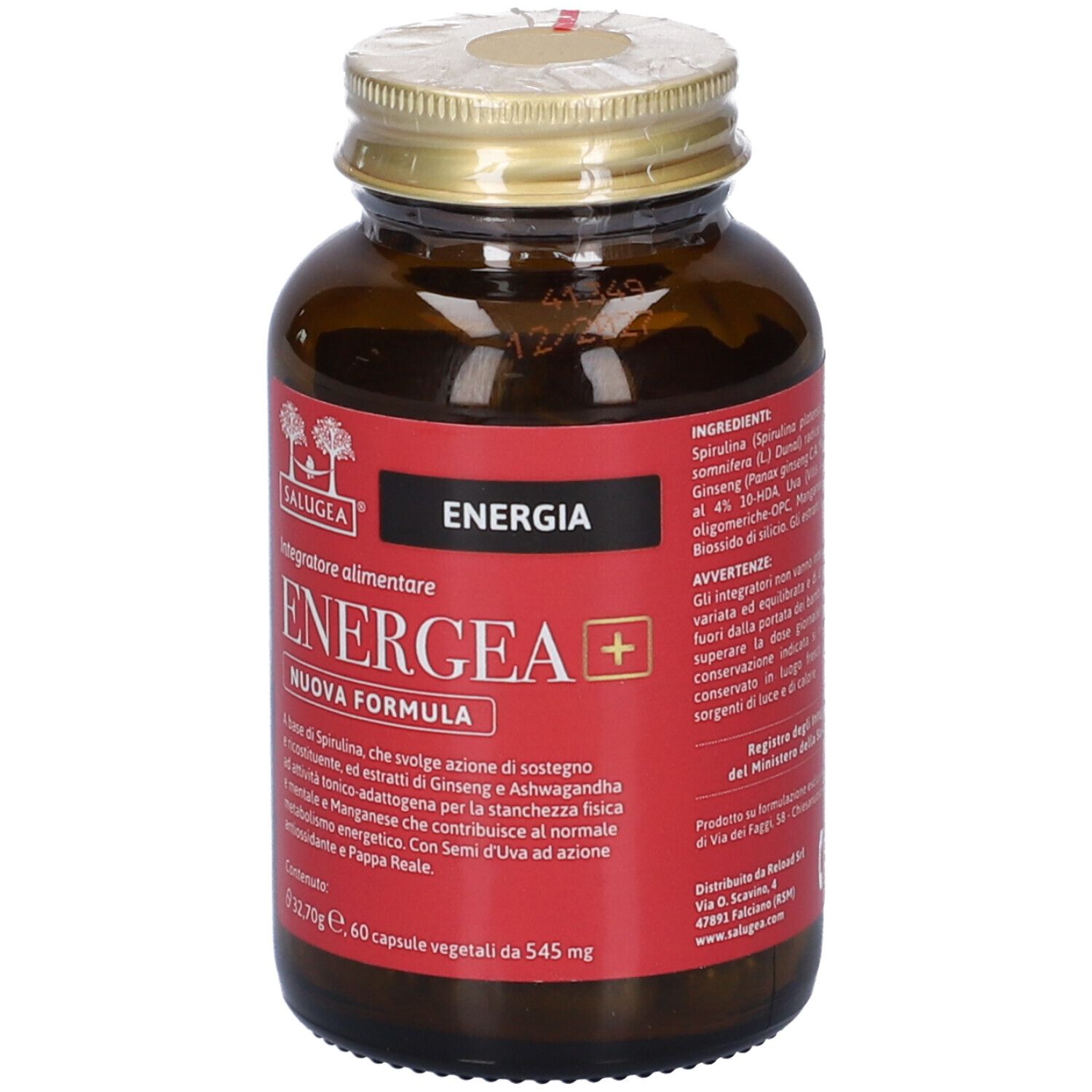 Flacone in vetro marrone con capsule. Etichetta rossa con testo ENERGEA+. Marchio Salugea. Tappo dorato.