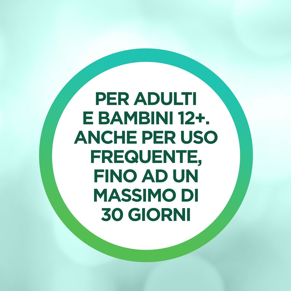 Illustrazione circolare. Testo: Per adulti e bambini 12+. Anche per uso frequente, fino ad un massimo di 30 giorni.