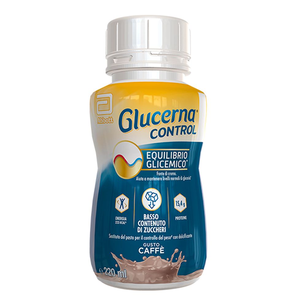 Singola bottiglia. Scritta: Glucerna Control, Equilibrio Glicemico, caffè. Contiene 15,4 g di proteine. 220 ml.