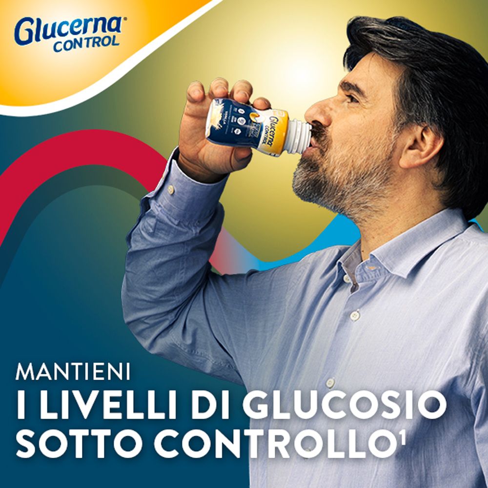 Uomo beve da una bottiglia. Scritta: Glucerna Control. Testo: Mantieni i livelli di glucosio sotto controllo.
