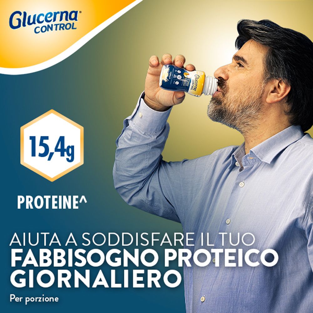 Uomo beve da una bottiglia. Scritta: Glucerna Control. Testo: Aiuta a soddisfare il tuo fabbisogno proteico giornaliero.